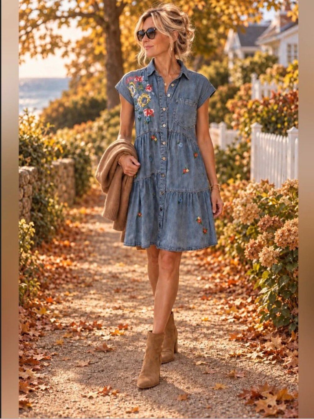 Kyla Seo Chambray Embroidered Floral Mini Dress, Medium Tencel Boho Western Chic